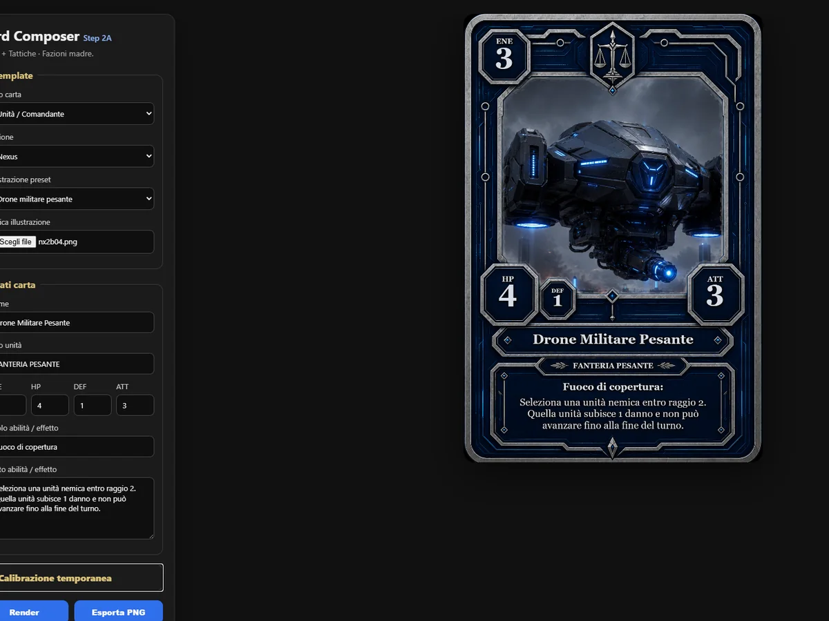 Arena Rubra Card Composer interface with a faction card rendered beside its editing controls.